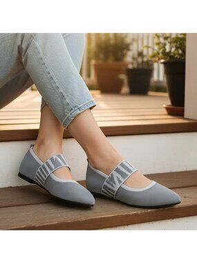 Contrasting Knit Pointed Toe Mary Jane Wide Strap Ballet Flats Slip-On Shoes